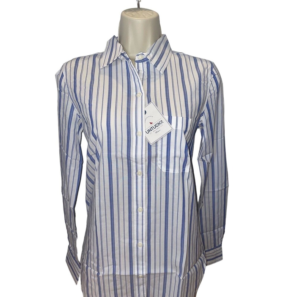 UNTUCKit Pinot Perse Blue White Stripe Button Down Shirt Womens 0 NWT